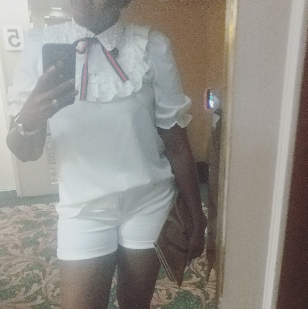 Gucci inspired Summer white top with pearls & bow